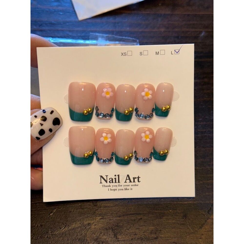 Teal Blue French Tip Square Press On Nails Size Large